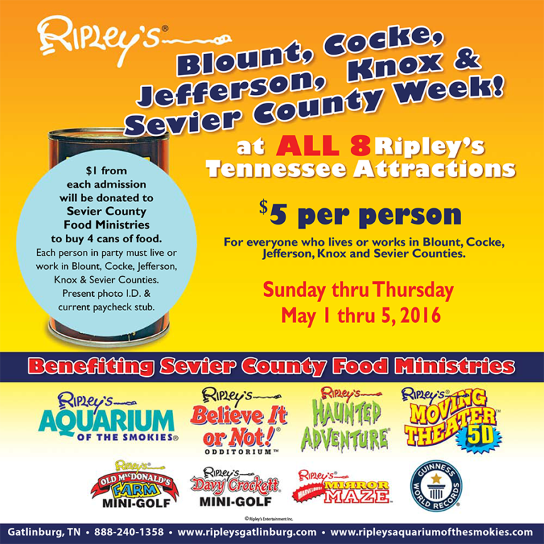 Spring 2016 Local Appreciation Days all 8 Ripley’s Attractions Hometown Sevier