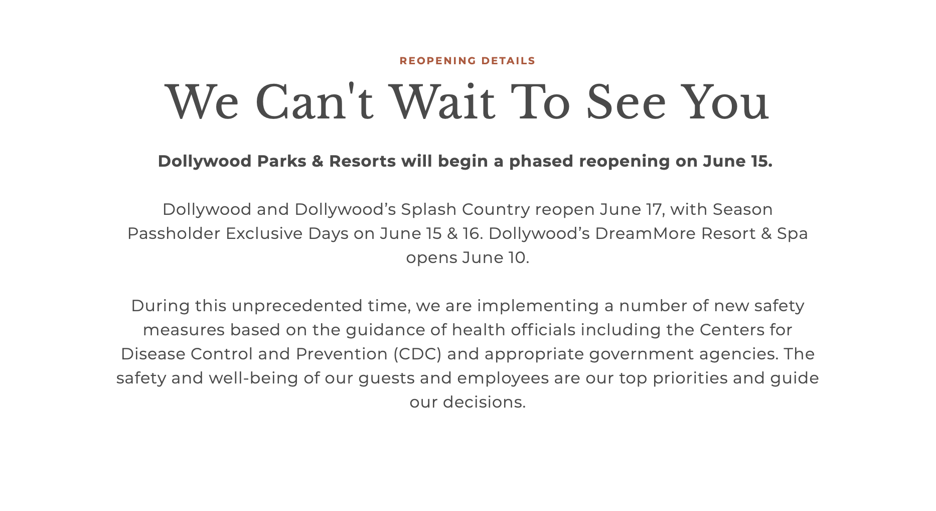 Dollywood Parks & Resorts will begin a phased reopening on June 15